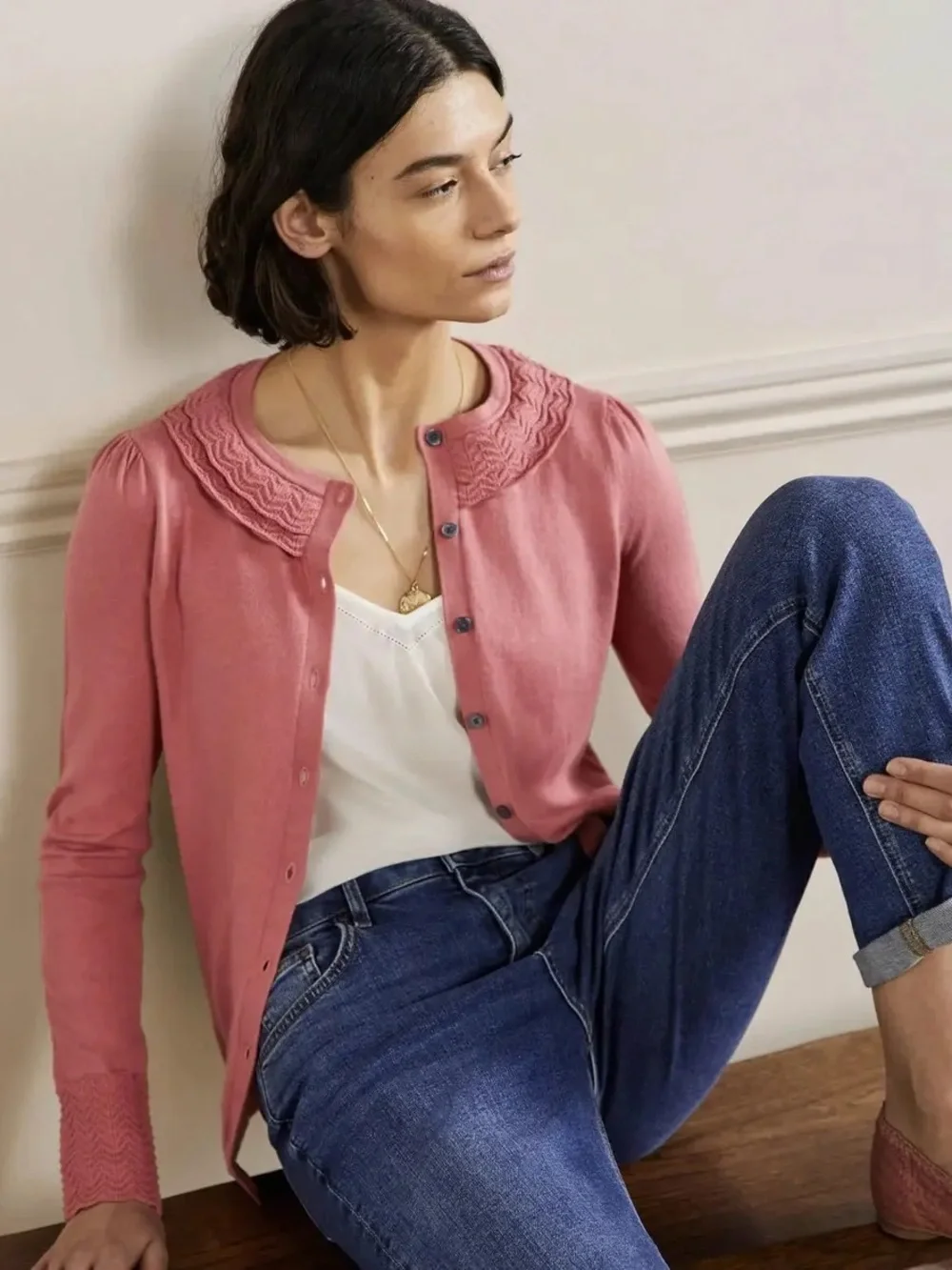 NWT Boden Scalloped Edge Knit Cardigan Women’s Size 12 Salmon Pink Coquette
